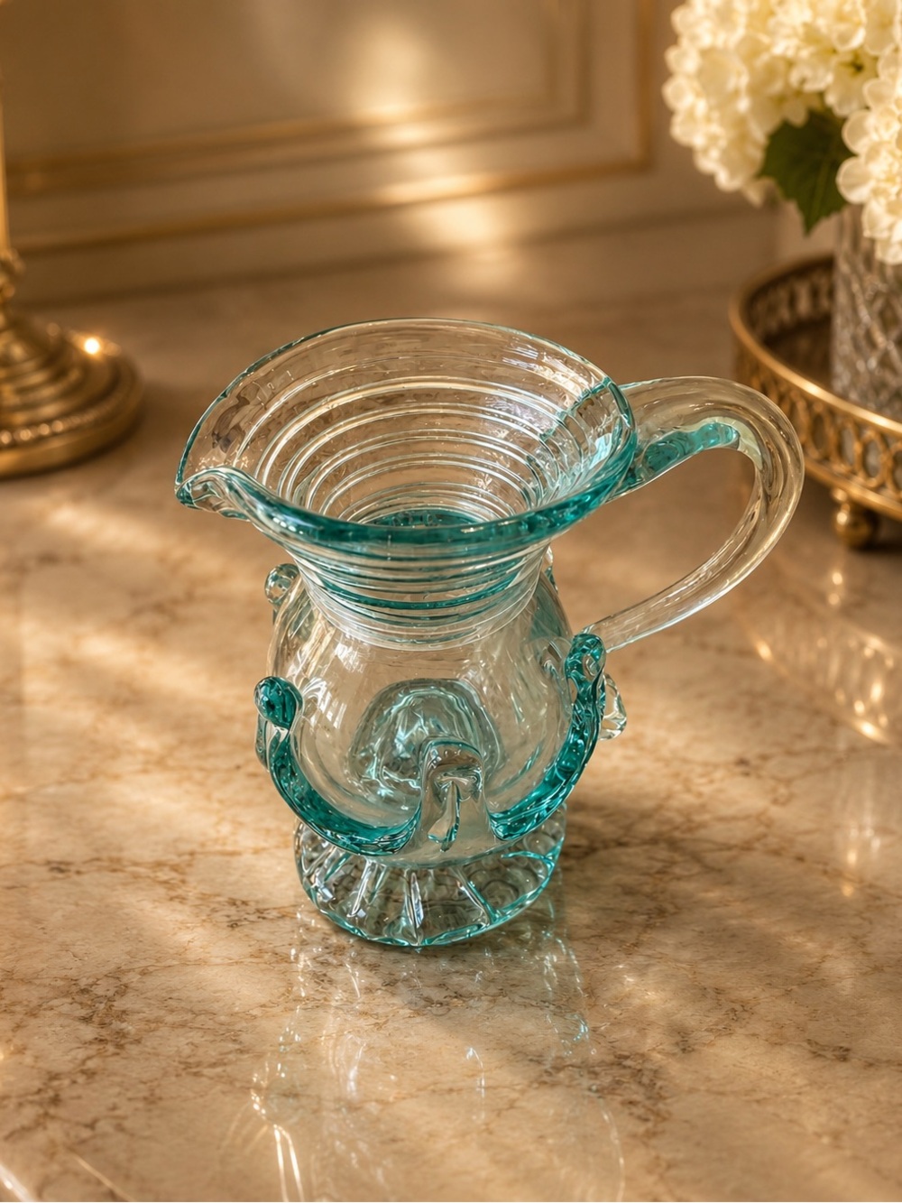 Vintage Liberty Village Aqua Wave Blown Glass Pitcher Vase Signed Dated 1975